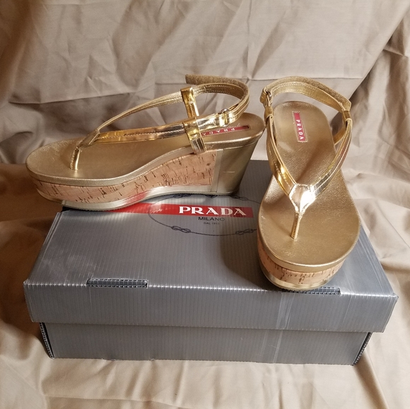 Prada Shoes - Prada Navarro Lux Gold Wedge Thong Sandals